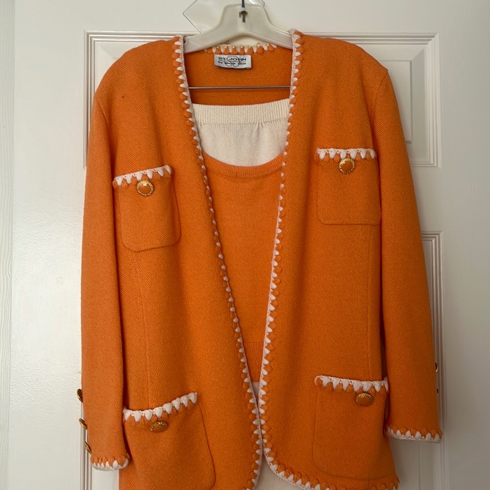 3-piece St. John suit, orange with white trim